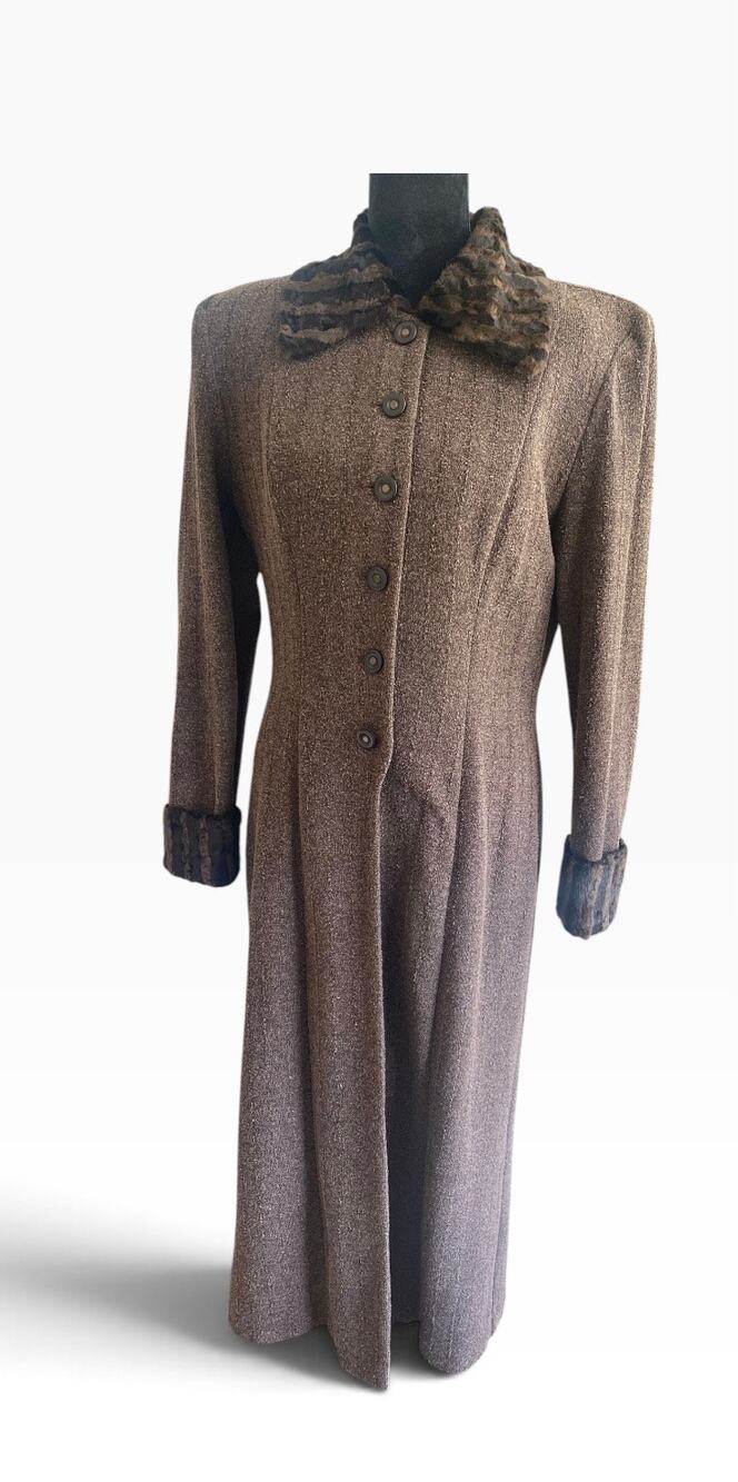 Vintage 80s Caché Brown Maxi Coat Size 8 Faux Fur Trim Shoulder Pads Long Duster